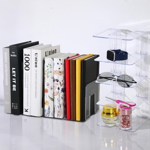 Wideotng 4 Pack Clear Acrylic File Sorter, Sturdy Desktop Book Folder Organizer, 4 Section Purse Handbag Clutch Divider for Closet, Office Storage Rack Holder for Letter, Binder, Document, Electronics