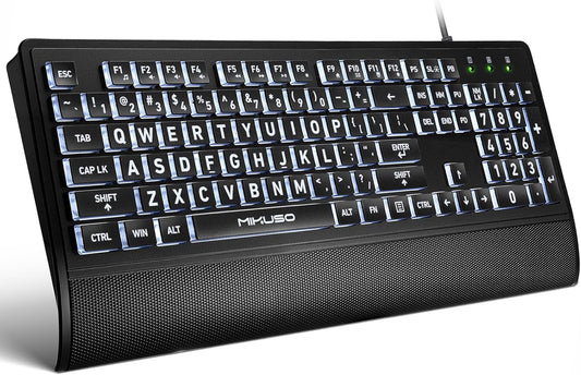 Skiennix Large Print Keyboard - High Contrast Black Keys with White Backlight | 104 Full Size for Low Vision