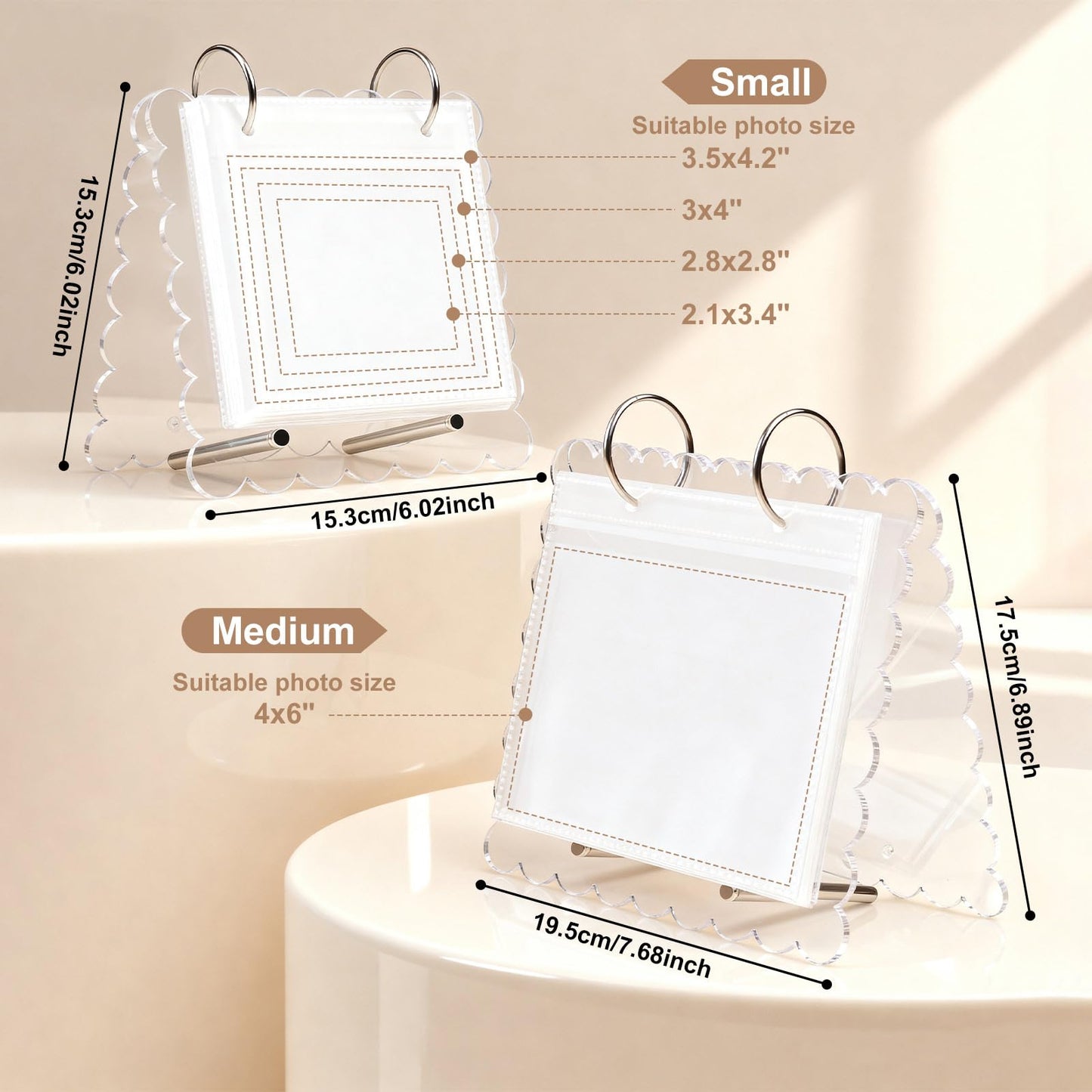 Flip Ultrasound Photo Album with Stand, Refillable Flip-Through Display for 3x4 Pictures, Acrylic Scalloped Cover, Pregnancy Gift for New Parents (Small)