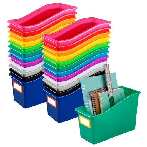Jinei 24 Pack Multicolor Book Bins for Classroom Decor Bulk Plastic Bins with Name Labels Assorted Color Organization Book Bin Baskets Teacher Storage Boxes for Classroom Office