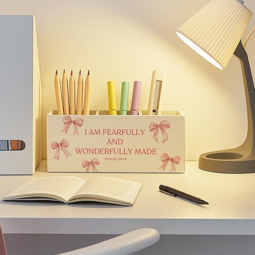FISWAFY Pink Coquette Bow Christian Pen Pencil Holder for Desk, Christian Gifts for Women, Psalm 139:14 Bible Scripture Makeup Brush Toothbrush Holder for Vanity Girly Bedroom Bathroom