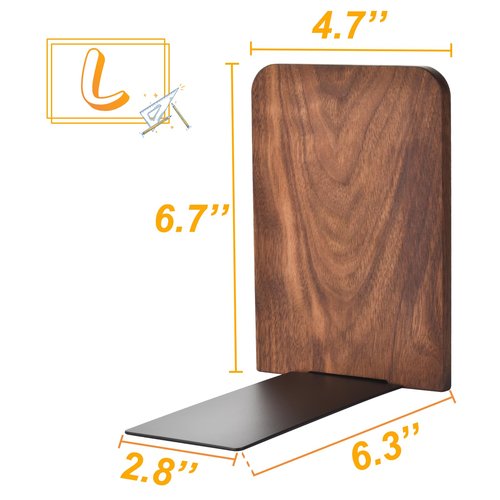 Book Ends, Black Walnut Wooden Bookends for Shelves - Heavy Duty Non-Slip Book Organizers, Upgraded Large Decorative Bookend Holders for Home, Kitchen, Office, Set of 2, Large