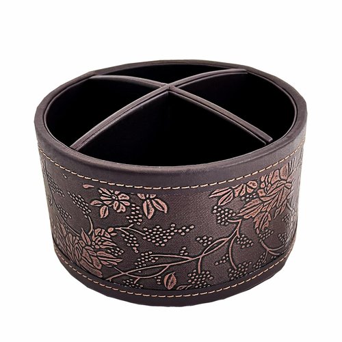 PU Leather Round TV Remote Control Holder for Table,360° Swivel Office Supply Desktop Organizer,4 Compartments Phone/Pen/Pencil Holder,Suitable for Stationery/Heater Controllers Etc (Antique)