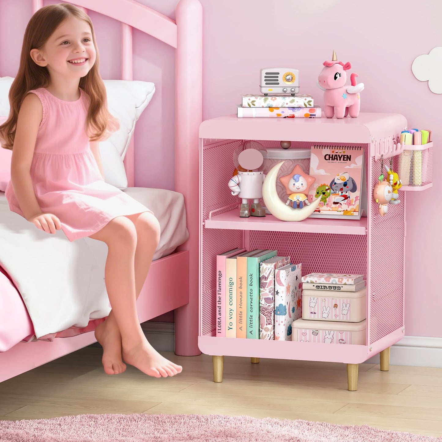 SYKIARIOL Kids Nightstand for Girls, Metal Bedside Table with 4 Hooks & Hanging Basket, 3-Tier Storage Shelf, Toddler Night Stand for Bedroom, Pink