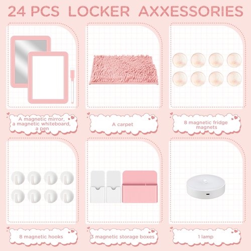 Chuangdi 24 Pcs Locker Accessories Kit Magnetic Organizer Set with Mirror Whiteboard Locker Rug Storage Box LED Light and Hook Back to School Essentials Decoration for Girls School Supplies(Pink)