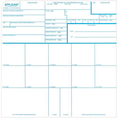 Crime Scene Fingerprint Cards, Applicant FD-258 (Pack of 50)