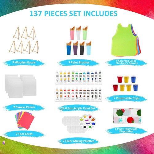 137 Pcs Art Painting Kit Supplies Set for Kids to Party - 70 Paint Brushes, 24 Acrylic Paints, 7 Wood Easels & Canvas Panels & Palettes & Aprons & Wash Pen Cup, 1 Plastic Tablecloth