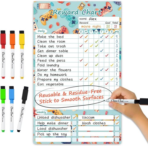 Clever Clean Dry Erase Chore Chart for Kids - Reusable Reward Board with 6 Markers | Video Game Design