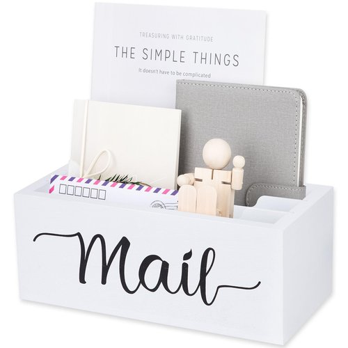Desk Mail Organizer, Mail Organizer Countertop with 3 Slots, Wood Desk Mail Storage Box, Envelop Holder for Home Office (White-3 Slot)