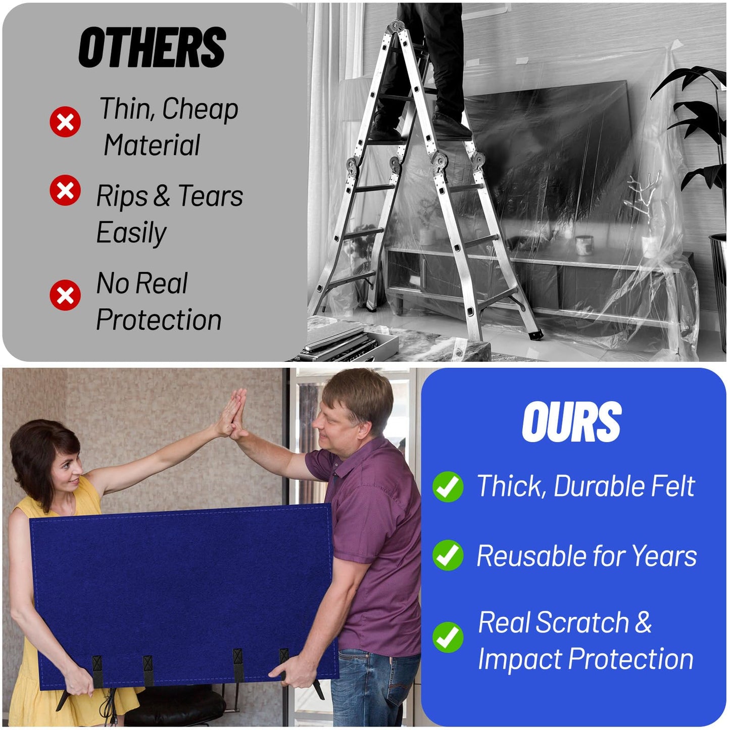 TV Cover for Moving, Fits to 50"- 55" Flat Screen TV Moving Cover, Dustproof Blue Felt TV Screen Covers, Anti-Scratch TV Bags for Moving with Bottom Strap for House Moving, Home Renovation