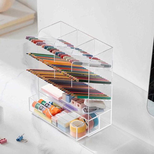 HBlife Acrylic Pen Desk Organizer with Drawer, Clear Vertical Marker Organizer with 11 Compartments, Angled Large Stationary Pencil Display Holder, Art Supplies Organizer for Desk, School and Home