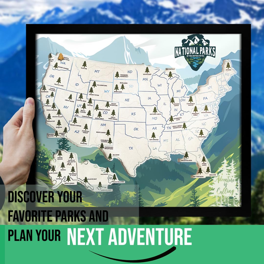 flinelife National Parks Map With Wooden Pine Tree Pins, 13X11, National Park Bucket List Cork Map, Perfect for National Parks Lovers, Hiker, Couples and Families Gift