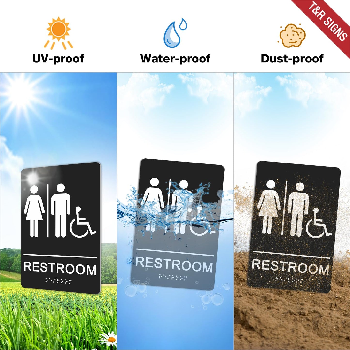 T&R ADA Braille Unisex Bathroom Signs, Restroom Signs - 1 Pack - 9 x 6 Inches Acrylic with Self-Adhesive Tape for Office or Business Bathroom and Toilet Door or Wall Decor