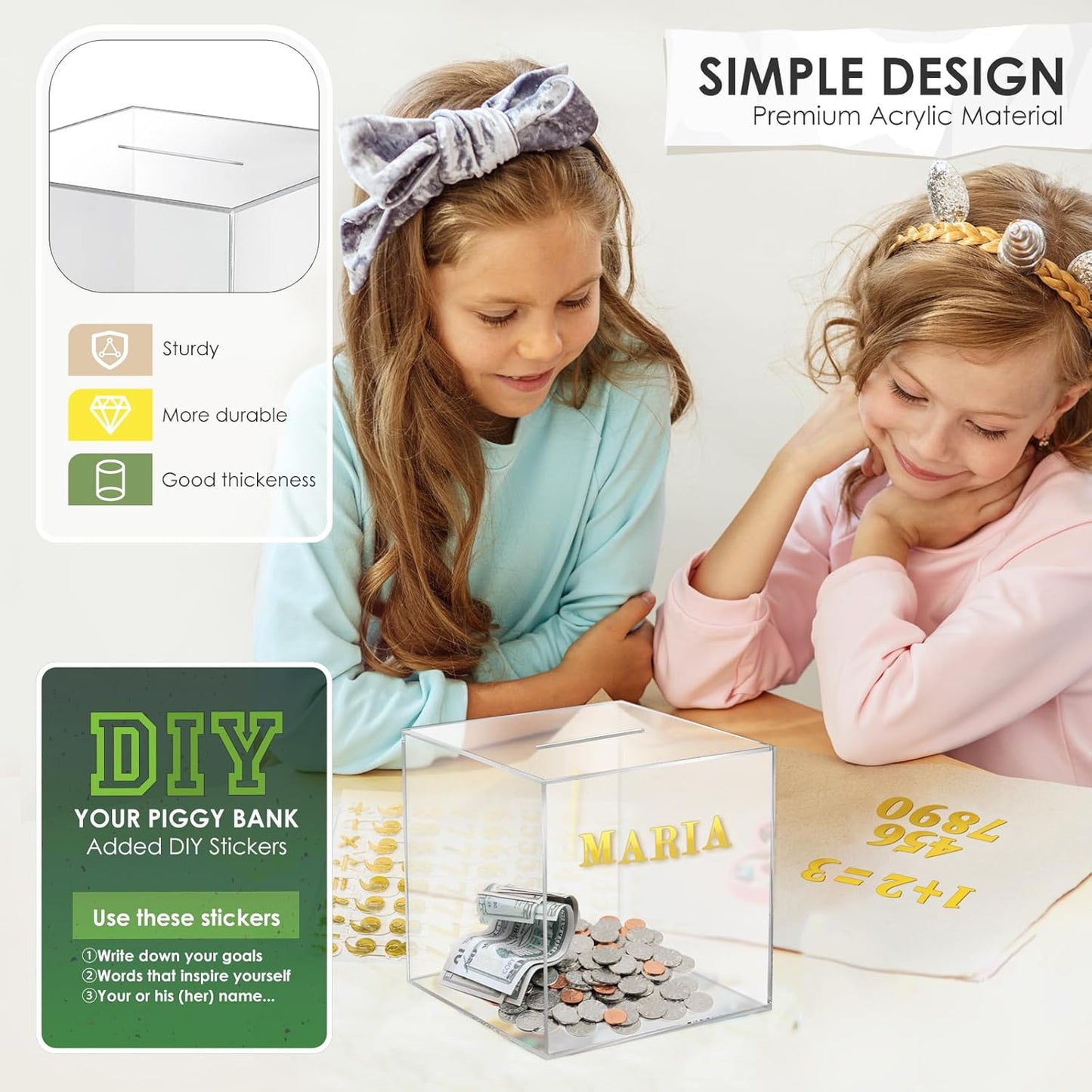 Vcetrcpl Acrylic Clear Piggy Bank - Unbreakable Money Saving Box for Adults | Large 12x12CM Size