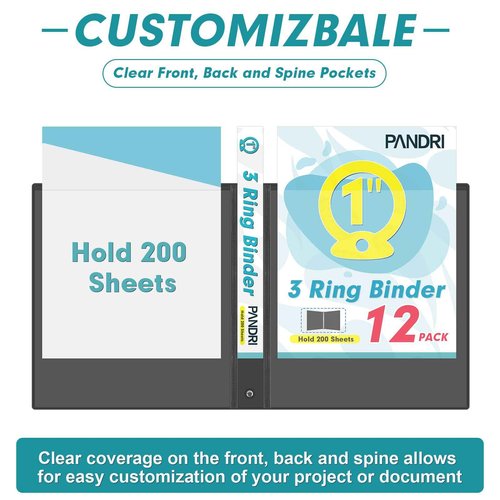 3 Ring Binder 1 Inch, PANDRI 12 Pack 1-Inch Binder Fits Letter Size 8.5'' x 11'' Paper, Versatile Binders for Office Home School, 2 Pockets, Black