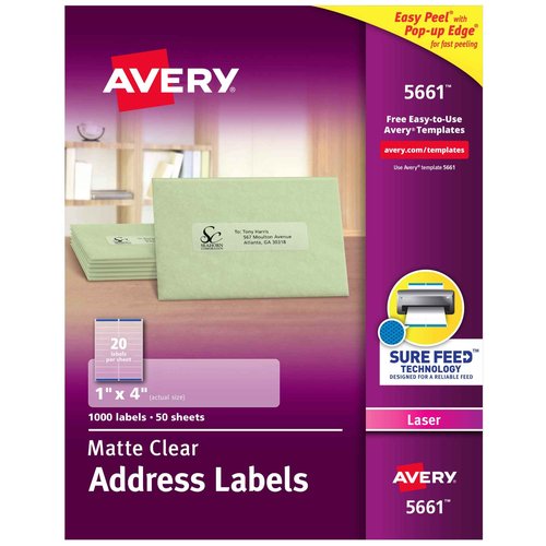 Avery Printable Address Labels with Sure Feed, 1" x 4", Matte Clear, 1,000 Blank Mailing Labels (05661)