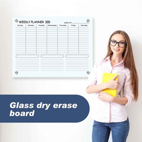 Kritkin Glass Whiteboard Calendar 24" x 18" Weekly Dry Erase White Board Planner Glass Large Wall Mounted Calendar with Marker Tray for Wall Home Office