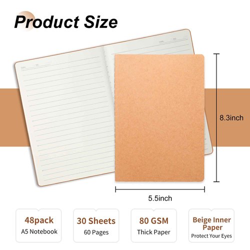 miikoul 48 Pack A5 Kraft Paper Notebook Lined Journal Bulk, 8.3 X 5.5 Inch, 60 Pages/30 Sheets, 80gsm, Travel Notebook Notepad for Adult, Students, Gift, Office, Back to School Supplies