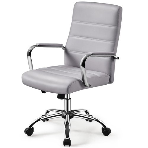 Yaheetech Mid-Back Office Chair with Arms Swivel PU Leather Height Adjustable Office Executive Chair, Light Gray