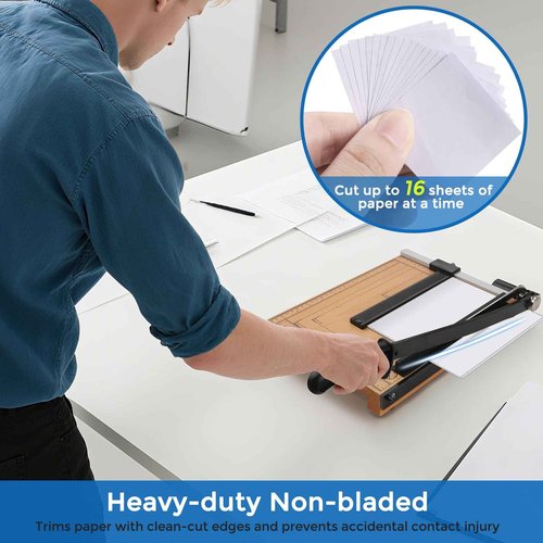 MROCO Heavy Duty Guillotine Paper Cutter & Paper Trimmer, 12" Cut Length, Automatic Clamp, Adjustable Guide, Wood Base with millimeters/inches Gridlines