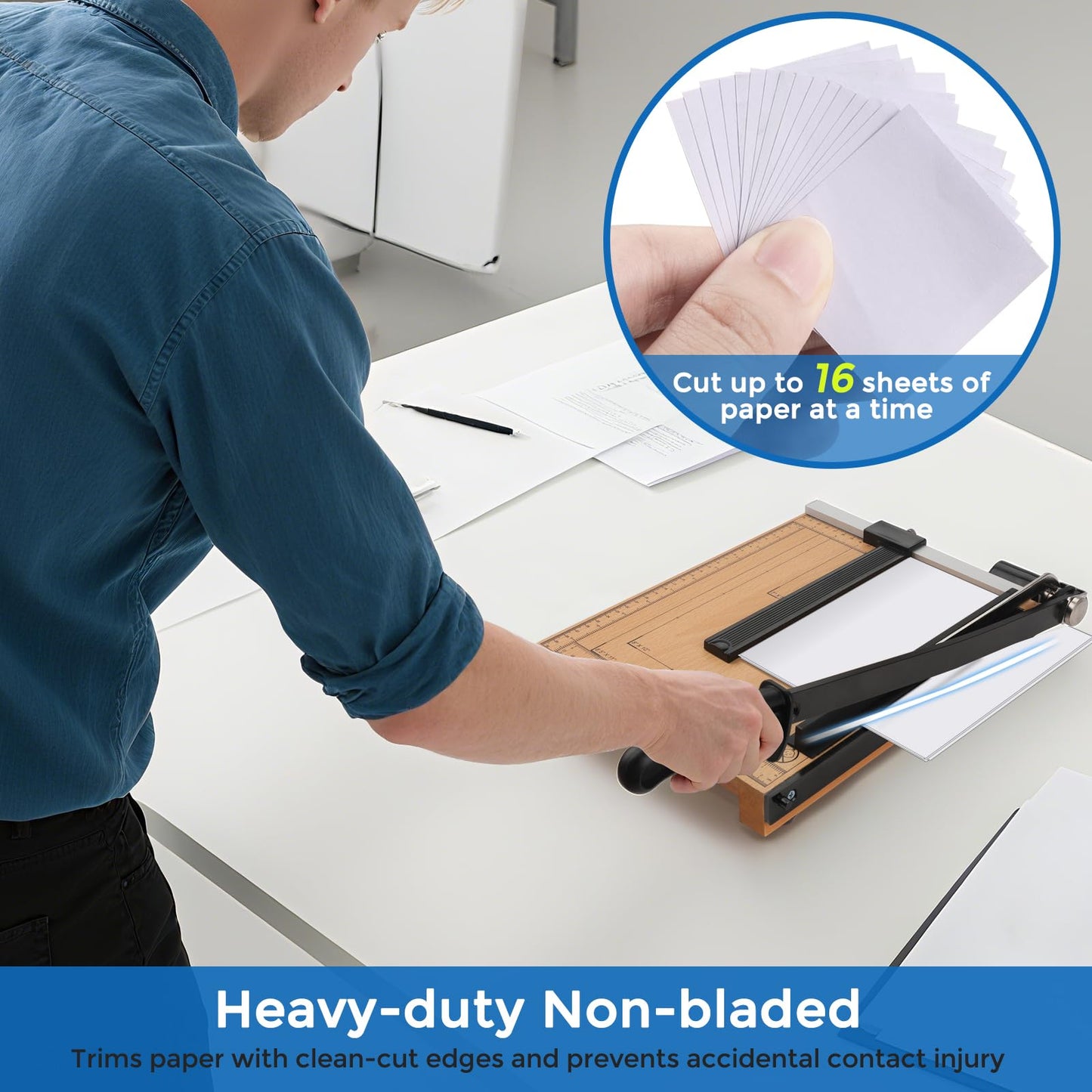MROCO Heavy Duty Guillotine Paper Cutter & Paper Trimmer, 12" Cut Length, Automatic Clamp, Adjustable Guide, Wood Base with millimeters/inches Gridlines
