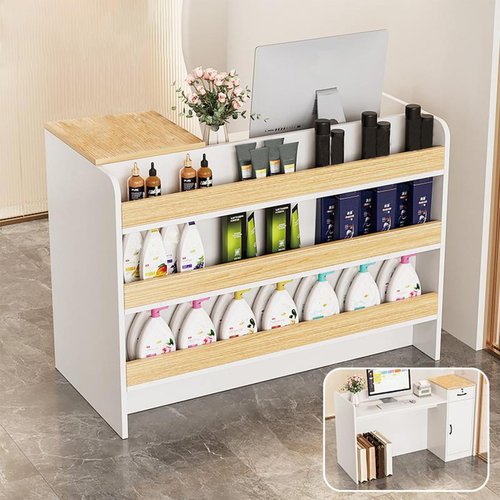 Modern Reception Desk, 39 inch Office Wooden Computer Front Counter Table, Reception Room Table with Lockable Drawer & Shelves, for Checkout, Lobby, Salon and Office (White, 39 x 21.6 x 35.4 in)