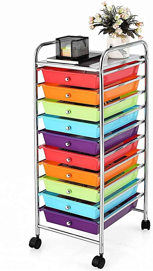 Giantex Plastic Boxes 10 Drawer Rolling Organizer Cart Utility Storage Tools Scrapbook Paper Multi-Use (Multicolor)