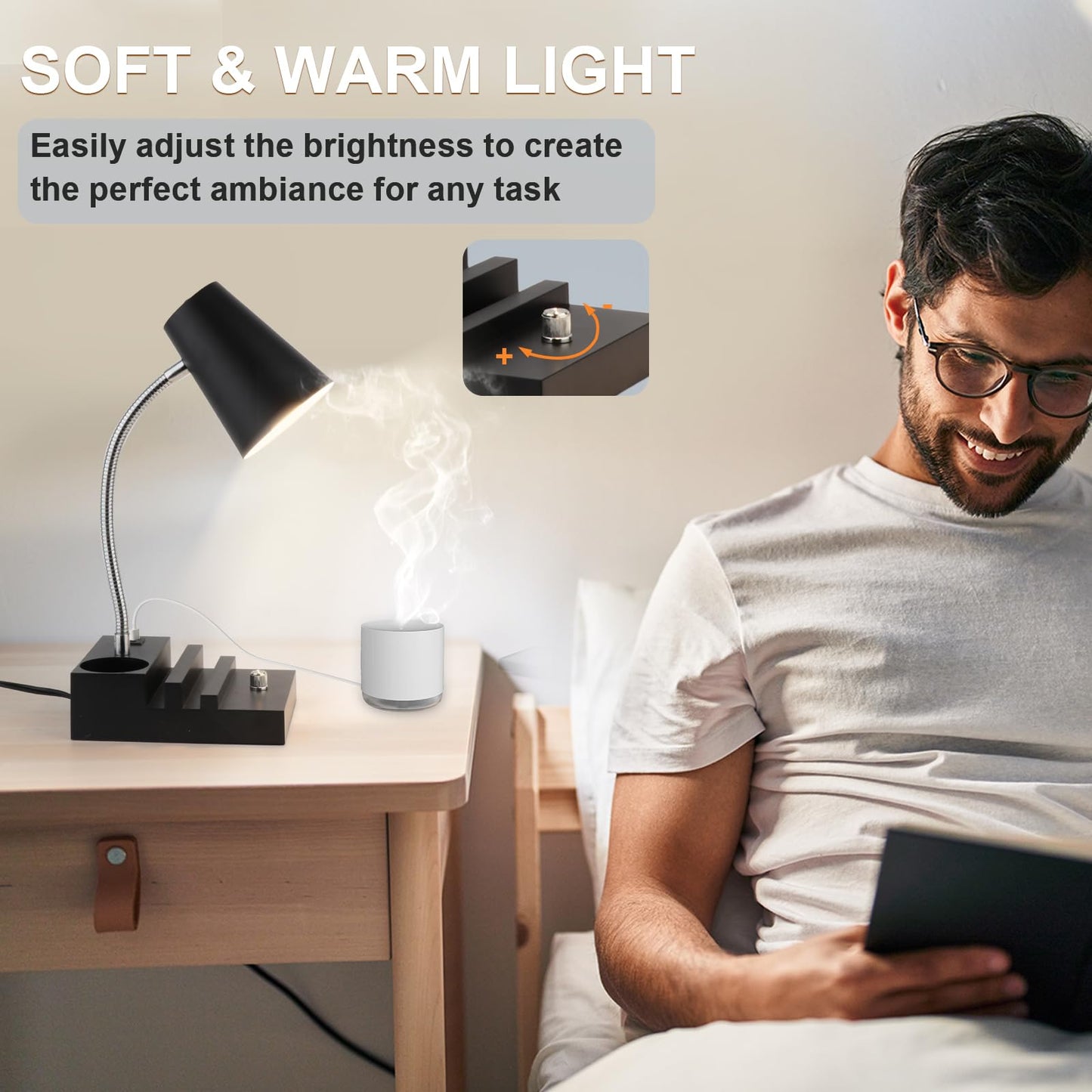 LALISU Study Desk Lamp with USB Charging and Type-C Night Light, Gooseneck LED Table Lamp Stepless Dimming Study Table Lamp with Pen Holder for College Dorm Bedroom and Office (White)