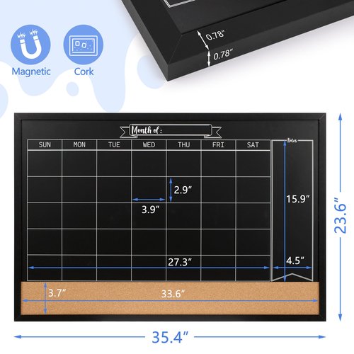 Board2by Monthly Chalkboard Calendar & Cork Board for Wall, 24"x36" Magnetic Chalk Calendar Board Combo Board, Large Wall Mounted Combination Board Blackboard for Office, Kitchen, School, Home, Black