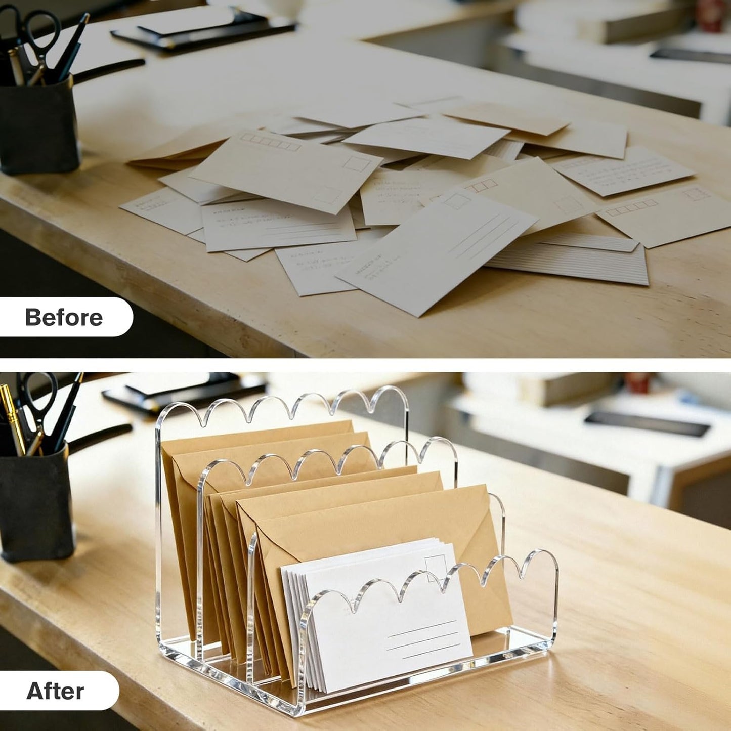 Skiennix Clear Acrylic Mail Organizer - 3-Compartment Vertical Letter Holder for Desk | Sorts Bills & Stationery