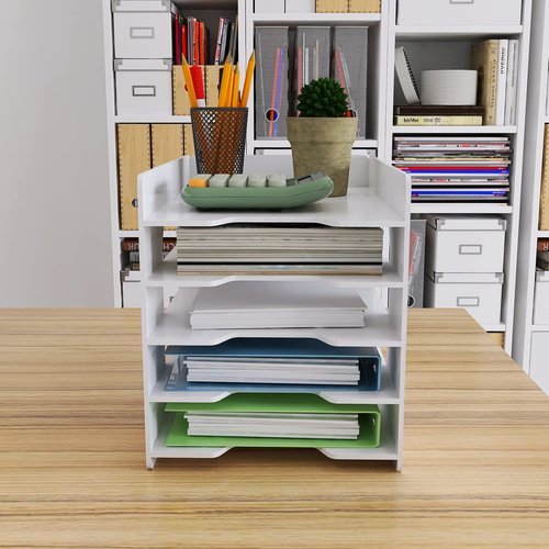 Natwind 5 Tiers Paper Organizer for Desk Desktop White File Holder Office Desk Organizer Mail Letter Tray & Paper Sorter Document Notebooks Storage Rack for Home Office School Classroom