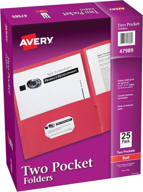 Avery Two Pocket Folders - Holds Up to 40 Sheets with Business Card Slot | 25 Red Folders (47989)