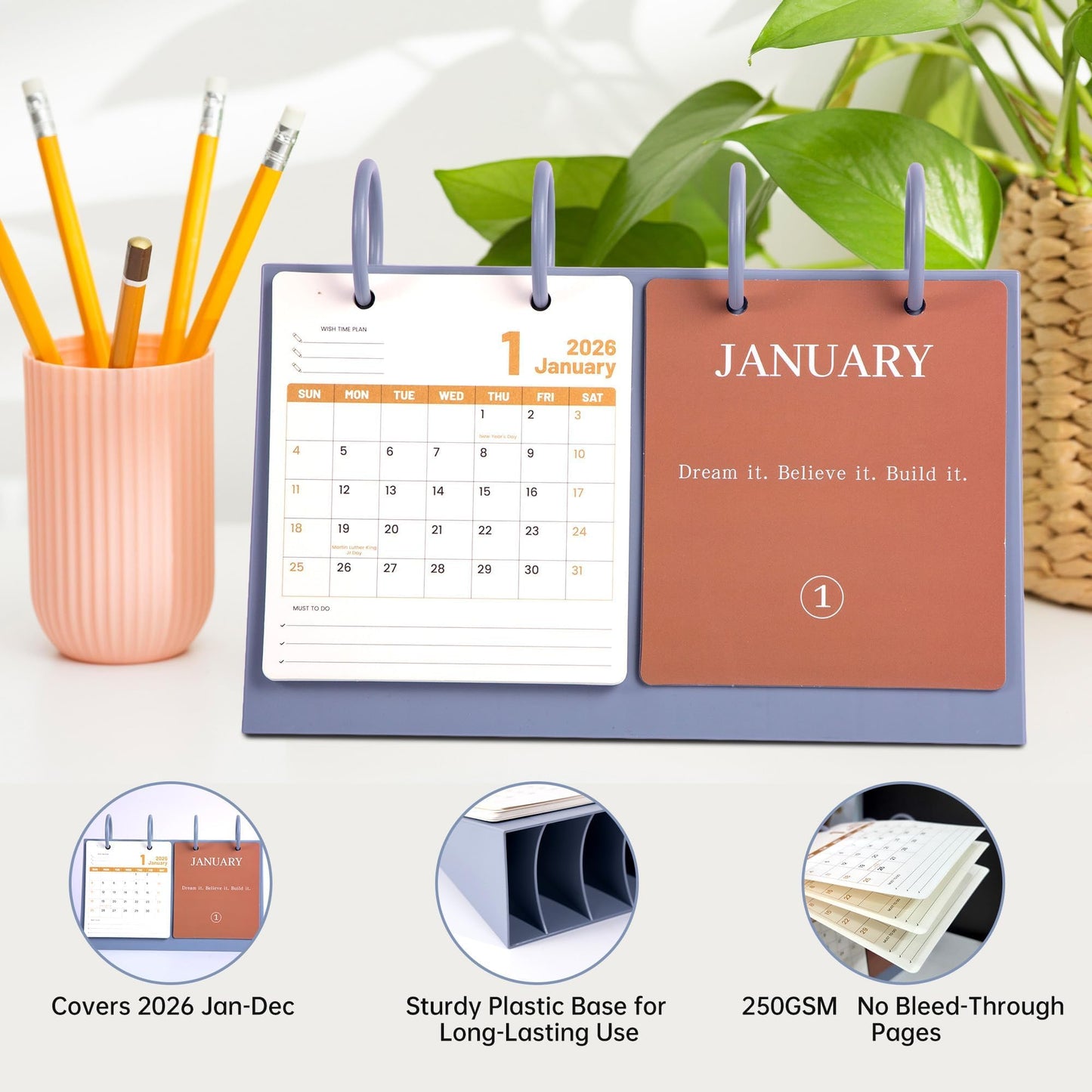Bibiage 2026 Small Desk Calendar - Mini Flip Standing Desk Calendar with Motivational Quotes, Stable Plastic Base Desktop Calendar, Cute Desk Decor for Home Office School, Pink 10" x 6", Blue
