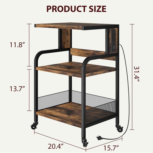 Amyove Printer Stand with Charging Station, Large Printer Table with Adjustable Storage Shelf, 3 Tier Office Rolling Printer Stand with Wheels for Home Office, Fax Machines, Scanners, Rustic Brown
