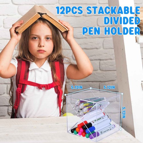 Kosiz 12 Pcs Back to School Stackable Pen Organizer 5.12 Inch Marker Pen Clear Holder Stackable Cube Organizer Removable Divider Acrylic Holder for Office Desk Desktop Storage