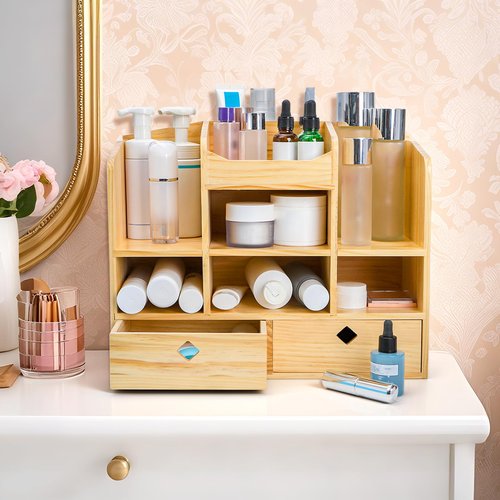 Acshio Wooden Desk Organizer with Drawers, Countertop Office Supplies Accessories Organization with 10 Compartments, Multifunctional Storage Cabinet Box Makeup Storage Shelf Rack for Home, Office