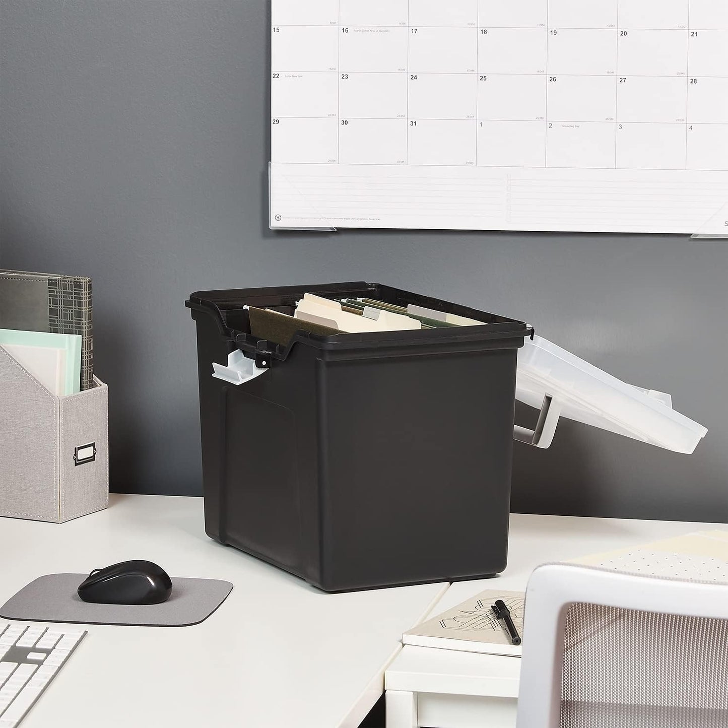 STAPLES File Folder Tote - Portable Filing Box for Letter Size Folders with Security Latch | Black/Clear