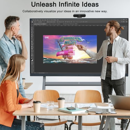 LINGHUFOX 75" Smart Board, 4K Touch Screen Interactive Whiteboard with Windows 11 Pro & Android 12.0, All-in-One Computer with AI Camera and Movable Stand for Classroom and Office