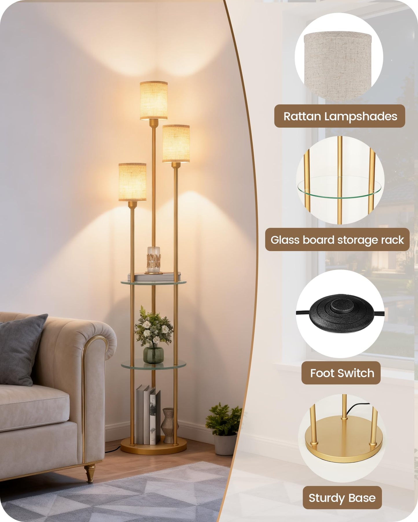 GOEBLESON Floor Lamp with Shelves, Modern Floor Lamp with 3 Linen Shades and Foot Switch, 3-Light Standing Lamp, for Living Room, Bedroom, Study, Office, Gold and Beige ED53LD05