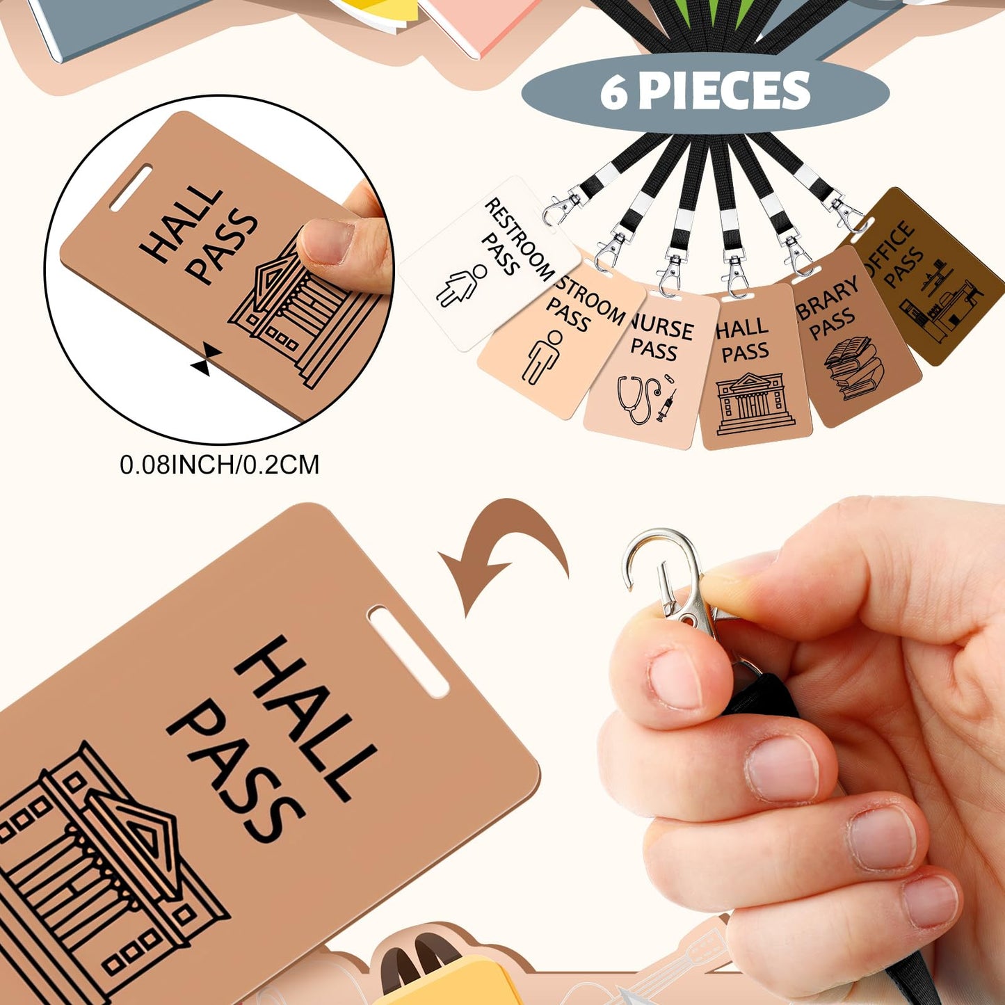 Sabary 6 Sets Hall Pass Lanyards and School Passes Set Unbreakable Wooden Bathroom Passes for Classrooms Hall, Restroom, Library, Office and Nurse School Teacher Supplies Gift(Skin Color)