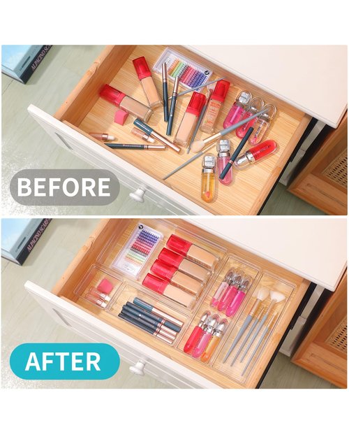 Clear Plastic Drawer Organizer Storage - 25Pcs 4 Size Desk Bathroom Kitchen Organizers and Accessories Office Organization, Vanity Stackable Drawers Bins Trays Containers Dividers Makeup Sets