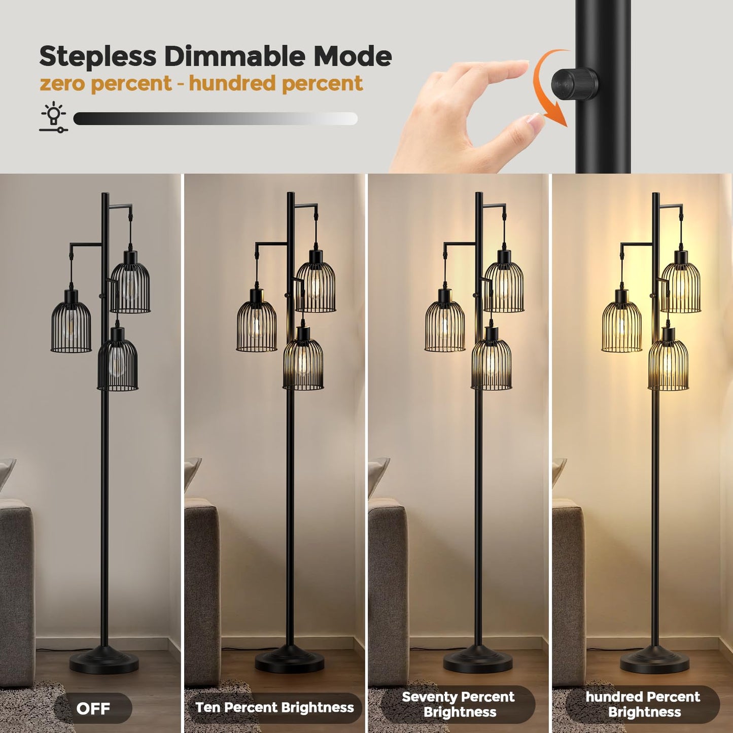 CNXIN Stepless Dimmable Floor Lamps with Hanging Lampshades 3 Lights Boho Floor Lamps with 3 PCS 6W Bulbs Tree Standing Lamp Tall Pole Lamp for Living Room Bedroom Office, Black