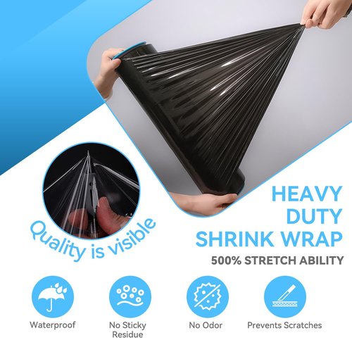 18" x 1500' Black Plastic Shrink Wrap Roll - 80 Gauge, 500% Stretch Industrial Strength Moving Wrap, Heavy Duty Pallet & Furniture Protection - 4 Roll Bundle Stretch Wrap with Handles
