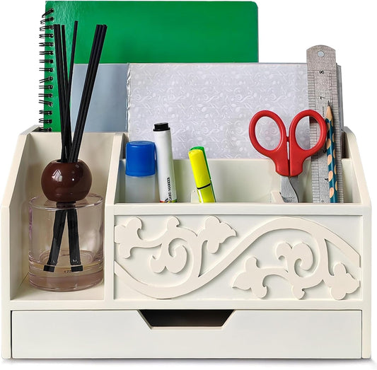 Skiennix White Wooden Mail Organizer - Stylish Three-Tier Desk Accessory with Drawer for Office Storage