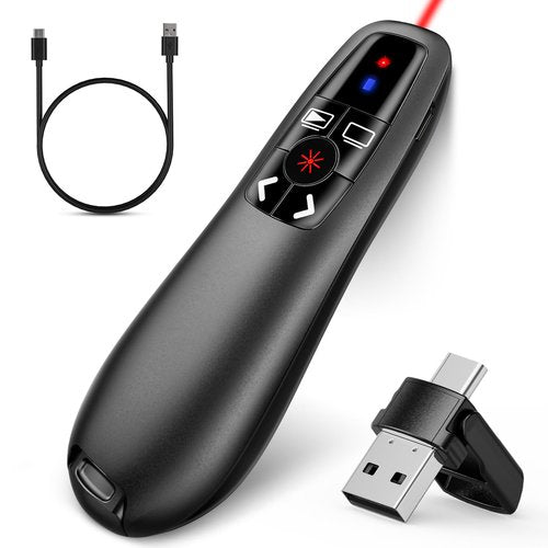 2-in-1 USB Type C Presentation Clicker, Clicker for PowerPoint Presentations, Rechargeable Wireless Presenter Remote, Pointer RF 2.4GHz USB PowerPoint Clicker Slide Advancer with Volume Control