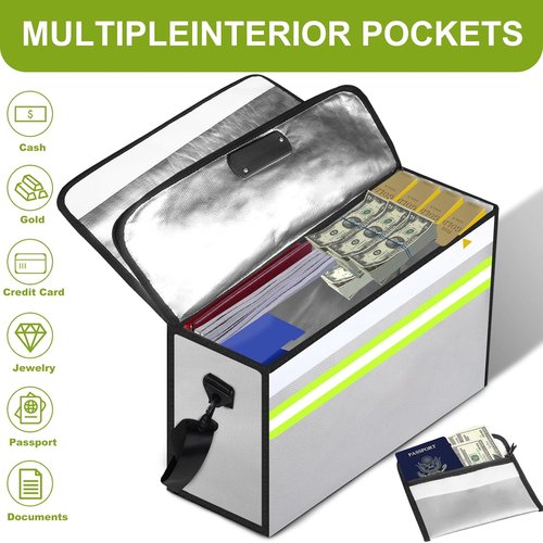 Fireproof Money Bags | 6500°F Fireproof Document Box with Waterproof Zipper & Removable Folder (14.2”x 9.6”x 4.1”)