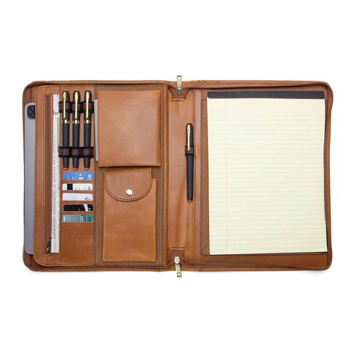 Geslun Genuine Leather Portfolio with Front Pocket for Men and Women, Zippered Padfolio Binder 8.5 x 11 Legal Pad Notebook Holder, Fits 13” Laptop, Professional Work File Case, Brown