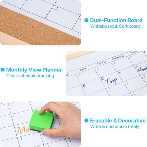 OWLKELA Magnetic Dry Erase Calendar & Cork Board - 17 x 13 Wall Organizer for Home, Office, School