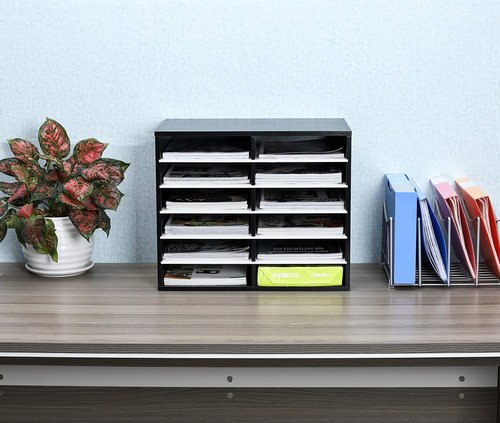 EasyPAG Mail Organizer Countertop, Wood Literature Organizer, Student Classroom Mailbox for School, Desktop Paper Sorter for Office Home, 12 Compartments, Black/White