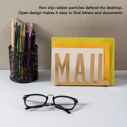 LOCADENCE Mail Organizer, Metal Stylish Hollow Design Desktop Metal Mail Holder, Desktop Mail Holder, Envelope Holder for Bills Letters Papers (Gold)